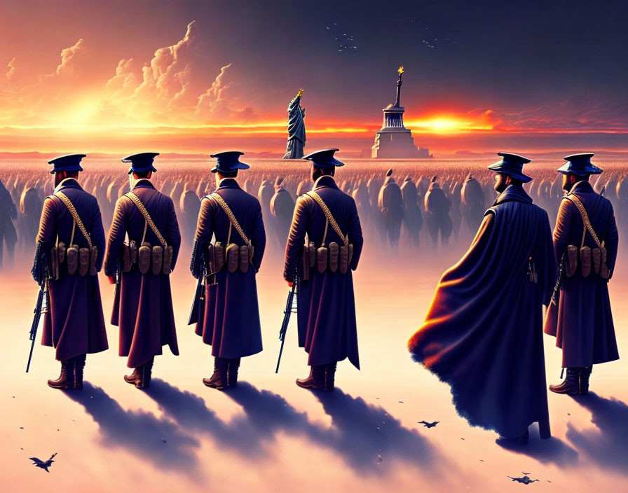 Soldiers in historical uniforms at Statue of Liberty with dramatic sunset sky