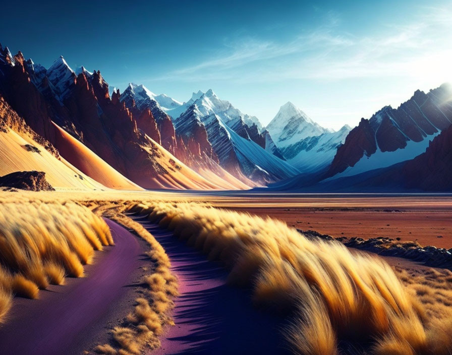 Scenic river winding through golden grass and sandy dunes towards snow-capped peaks