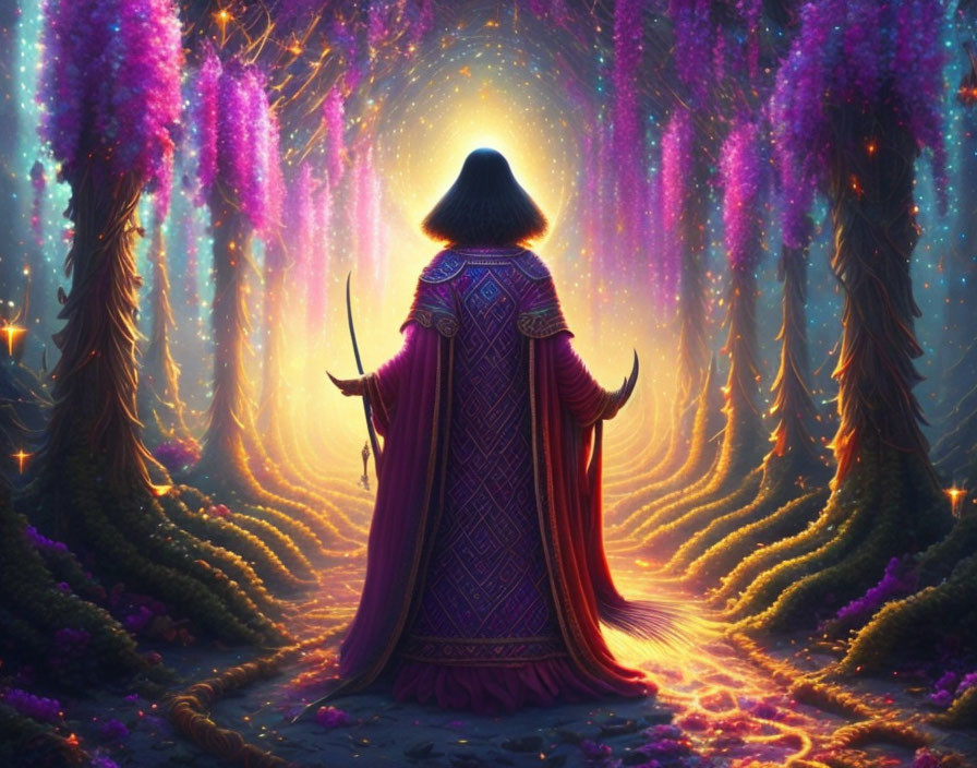 Cloaked Figure with Staff in Enchanted Forest with Purple and Pink Lights