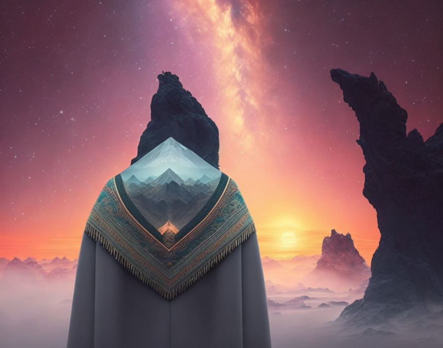 Person in Landscape Cloak Observing Surreal Sunset Under Starry Sky