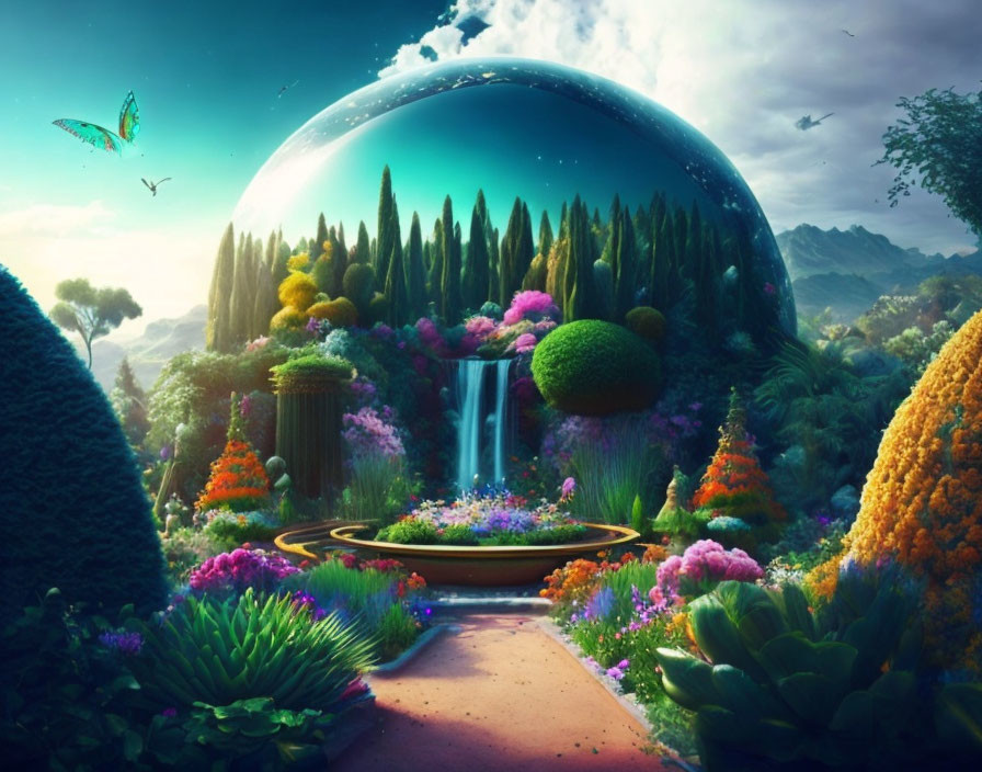 Fantastical landscape with gardens, waterfall, colorful flora, and giant transparent sphere