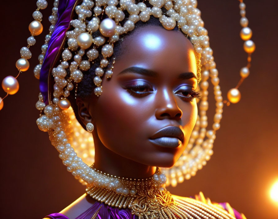 Elaborate pearl headdress and gold jewelry on elegant woman