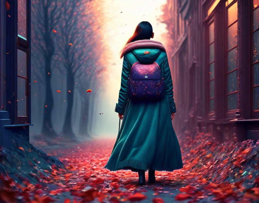 Person in teal coat and purple backpack on leaf-strewn path, facing misty autumn forest