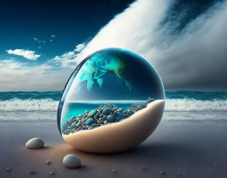 Surreal peeled sphere with beach and ocean layers