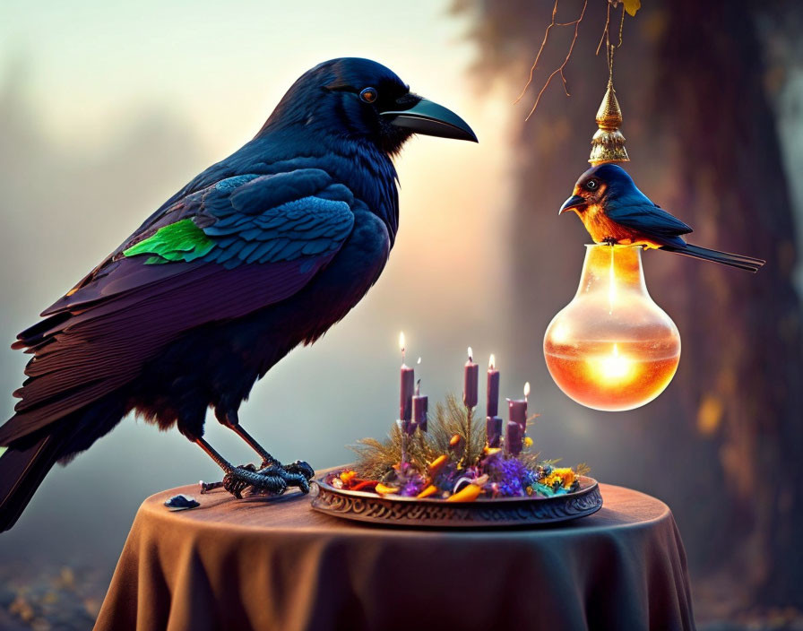 Black raven and smaller bird with candle wreath on table in misty forest.