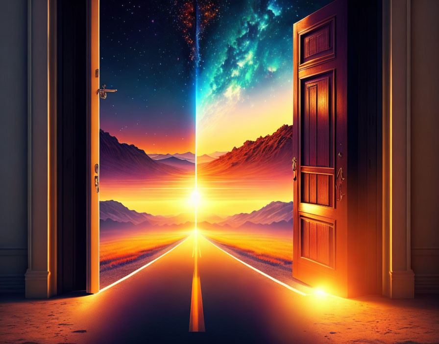 Open door revealing sunset over mountains and starry night sky