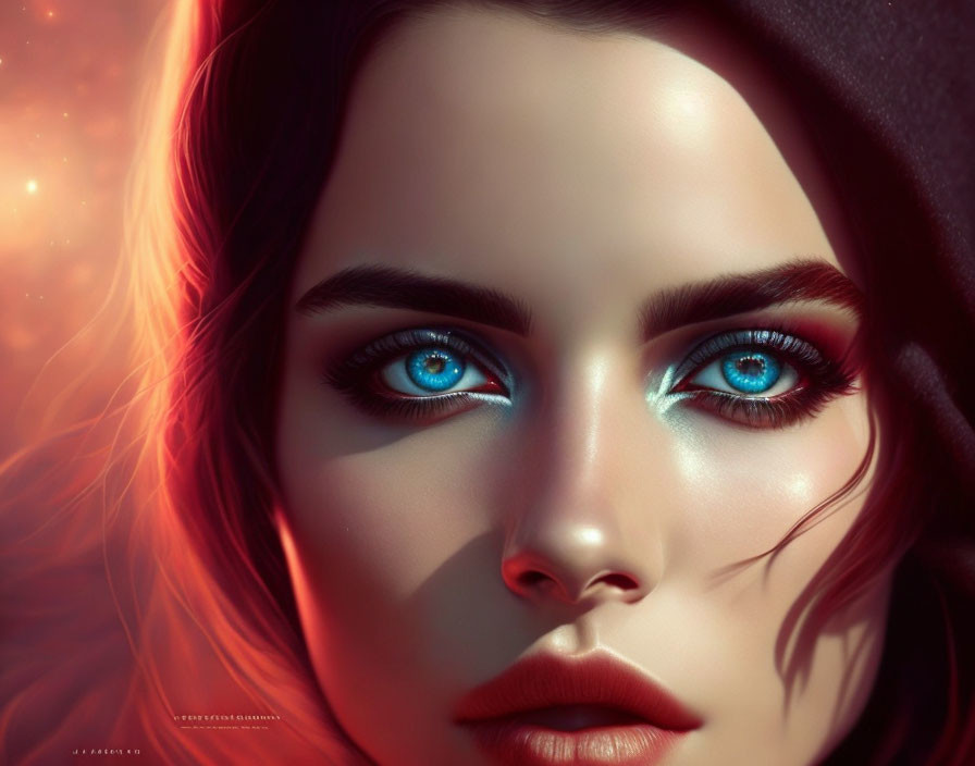 Close-up Digital Artwork: Woman with Striking Blue Eyes and Black Hat