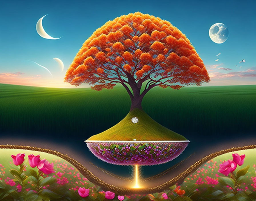 Colorful digital art of inverted fantasy landscape with flowering tree, moons, and floral paths