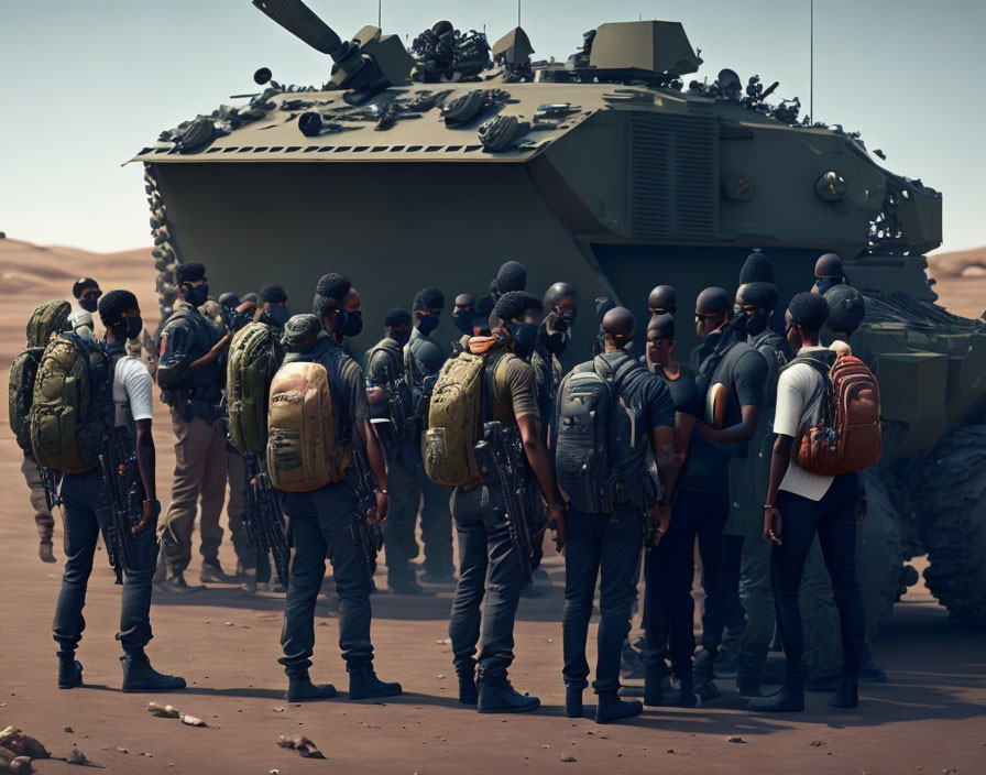 Soldiers with backpacks and helmets by armored tank in desert landscape