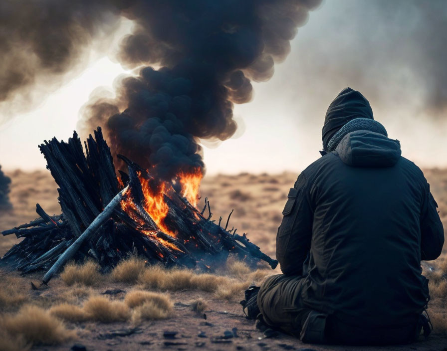 Person in jacket and beanie near large bonfire in barren landscape at dusk