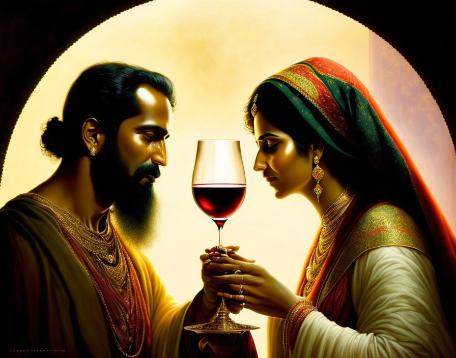 Traditional Indian Attire Couple Sharing Wine Glass in Golden Light