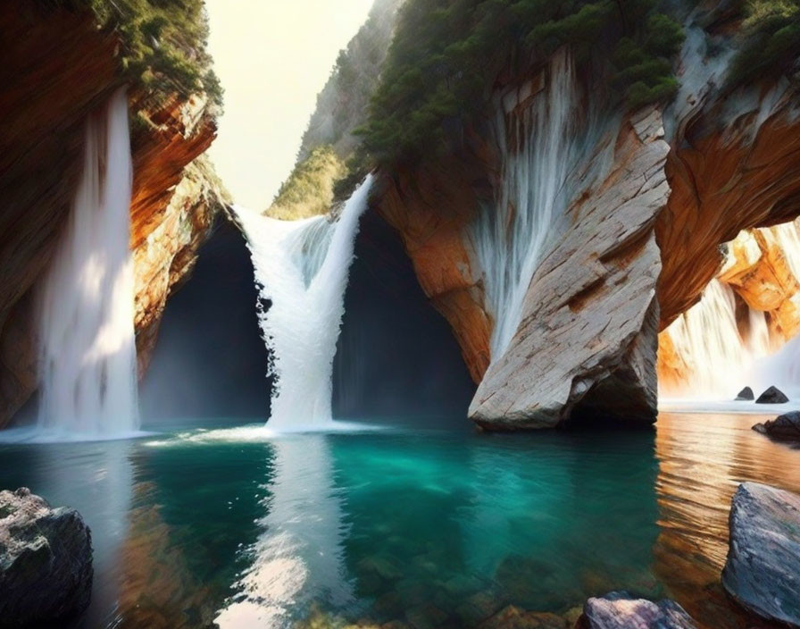 Tranquil waterfall cascades into aquamarine pool amid rocky cliffs