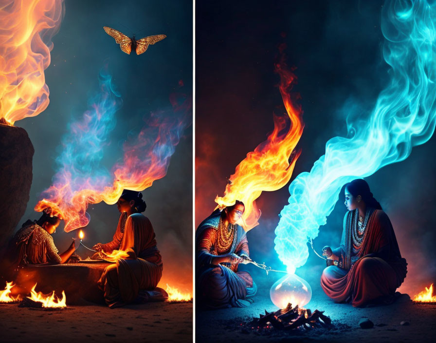 Stylized images of person with blue and orange flames, butterfly in mystical setting