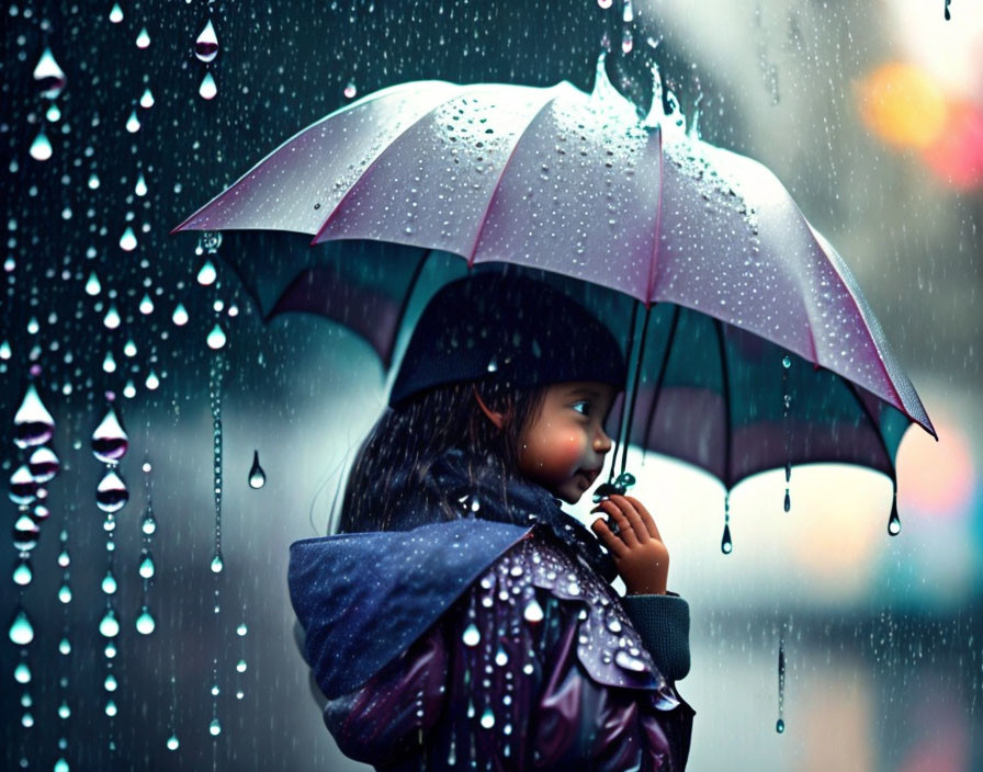 Child under rain-soaked umbrella gazing at raindrops