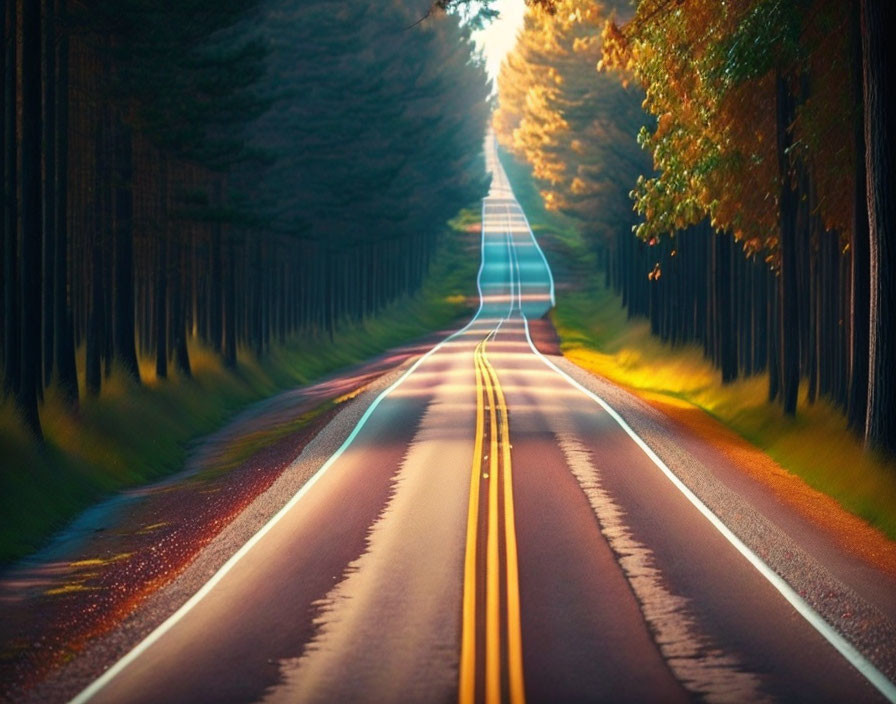 Scenic forest road with double yellow lines under golden sunlight