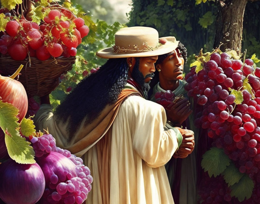 Historical figures examining grapes in sunlit vineyard