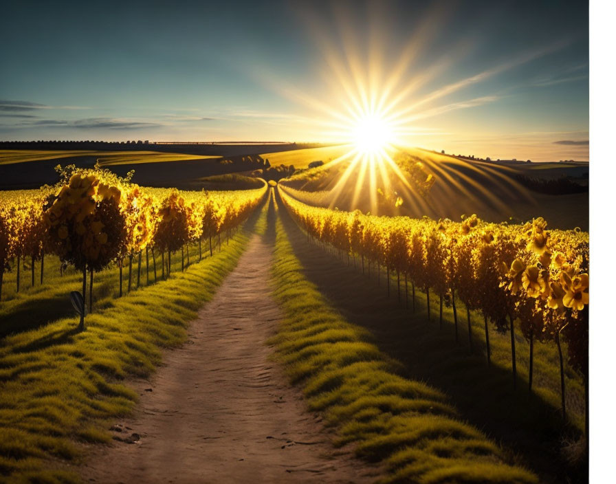 Vivid sunset over vineyard with path, grapevines, sunflowers