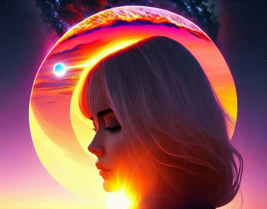 Long-haired woman profile with fiery planet and starry sky.