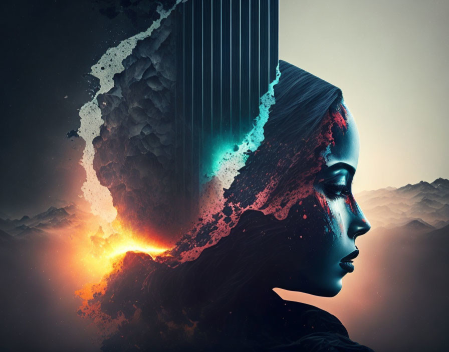 Woman's profile merging with cosmic elements and mountains in surreal image