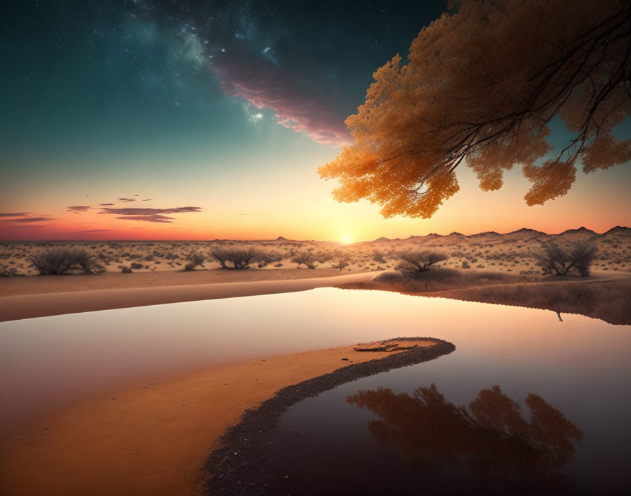 Twilight desert landscape with reflective water, orange sands, and starry sky