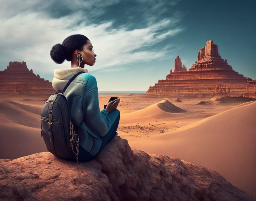 Woman sitting on rock gazes at desert sandstone formations