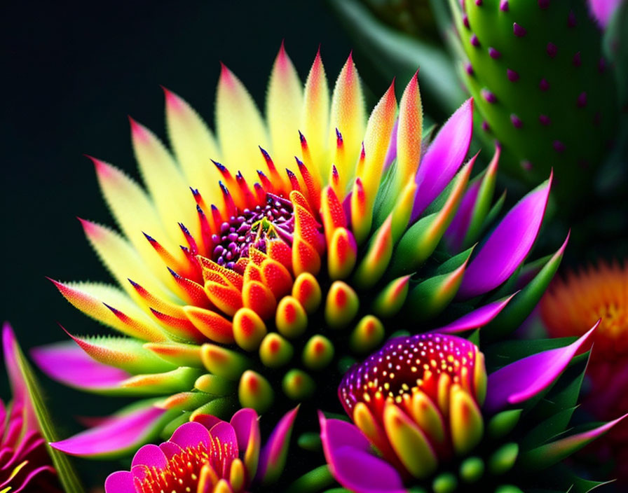 Colorful Close-Up Succulent with Pointy Green Leaves Tipped in Yellow and Red Patterns