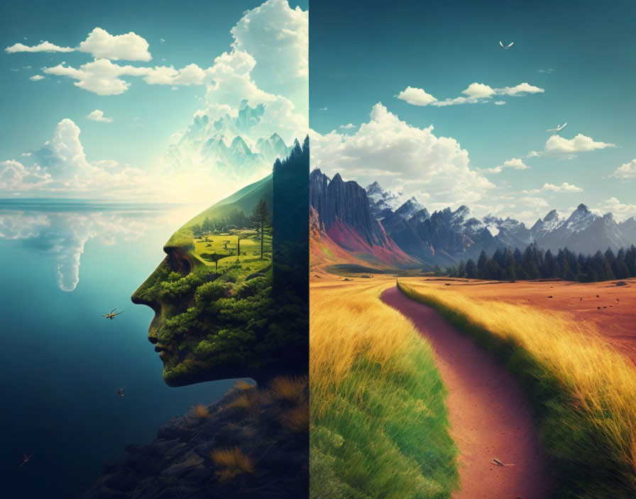 Composite Image: Human Profile Blended with Nature Scenes