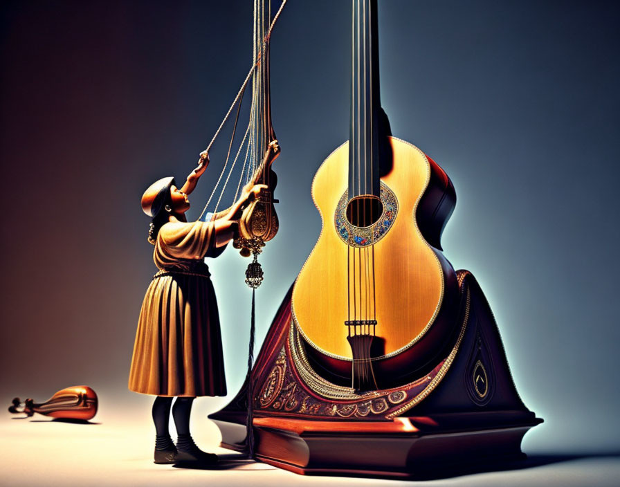 Surreal image of small figure with oversized guitar and violin