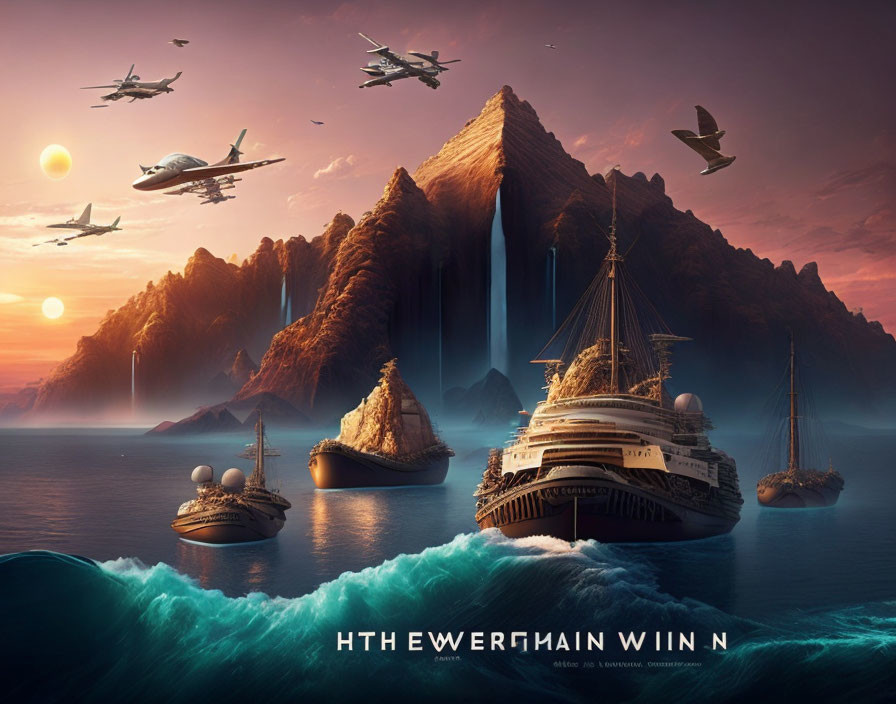 Fantasy seascape with towering rock formations, cruise ship, sailboats, and futuristic aircraft under twin