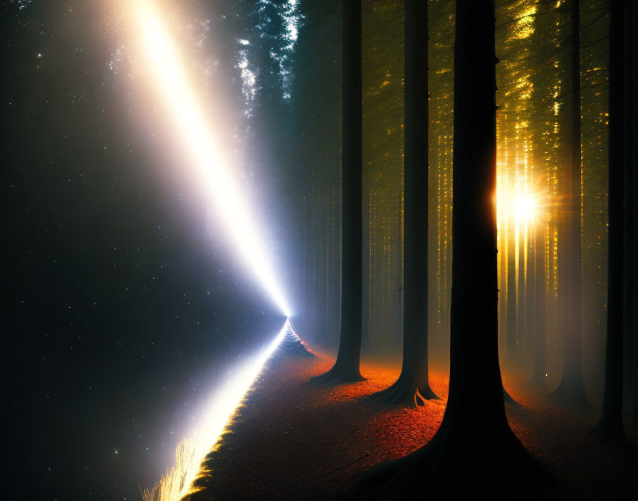 Mystical forest with light beams and pathway