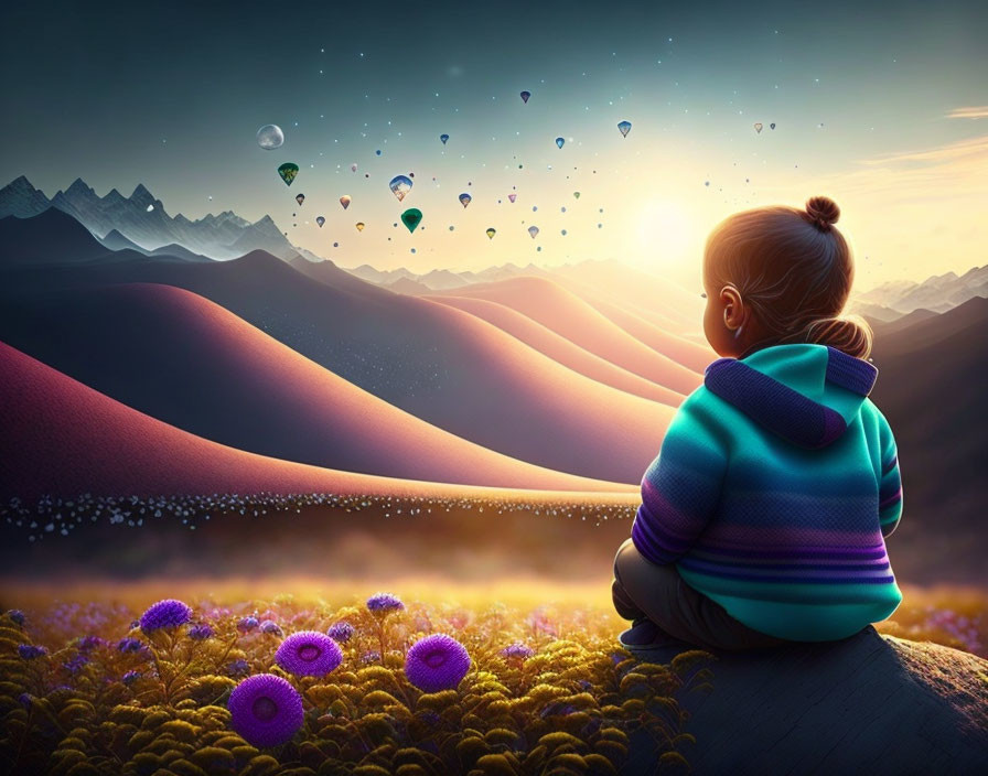 Child admires surreal landscape with hot air balloons and planets