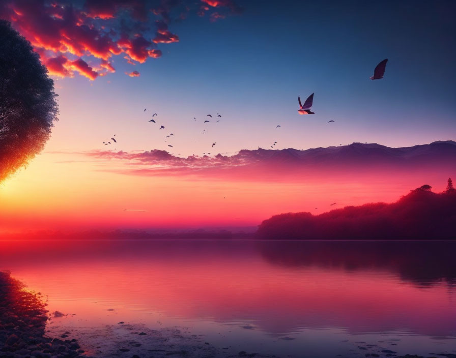 Tranquil lake at sunset with pink and purple hues, silhouetted birds in colorful sky