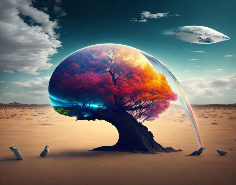 Vibrant tree in bubble with desert scene, observers, and floating rock