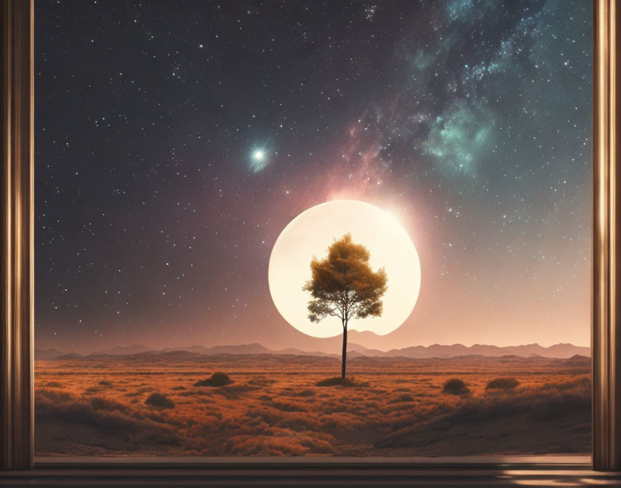 Surreal landscape: lone tree, large moon, starry sky, window view