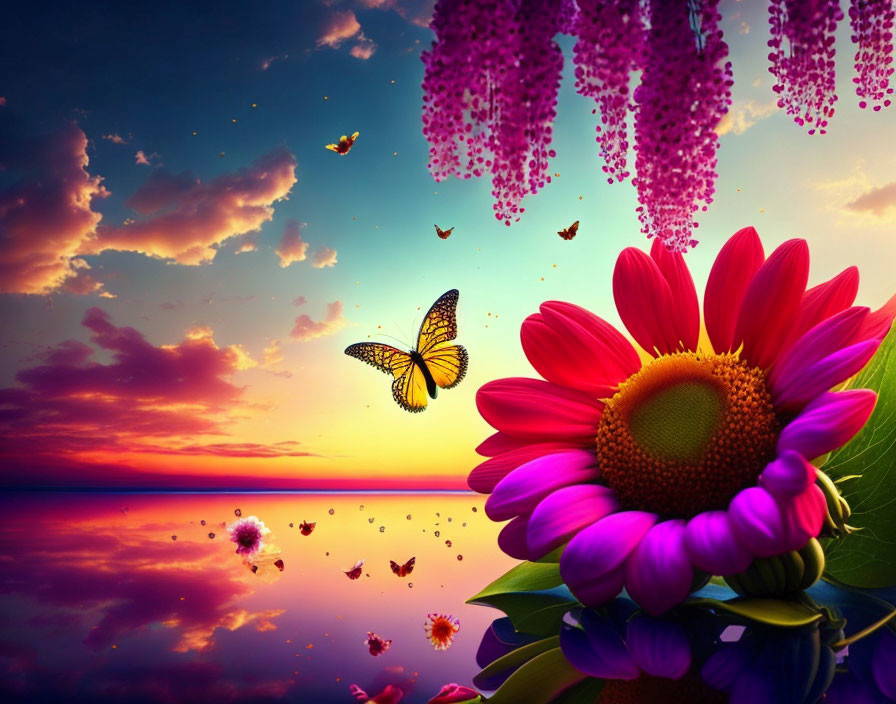 Colorful sunset scene with flowers, sunflower, petals, and butterfly by water