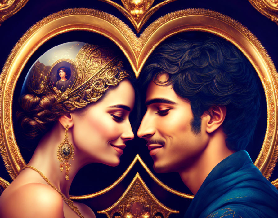 Romantic man and woman illustration in golden heart frame