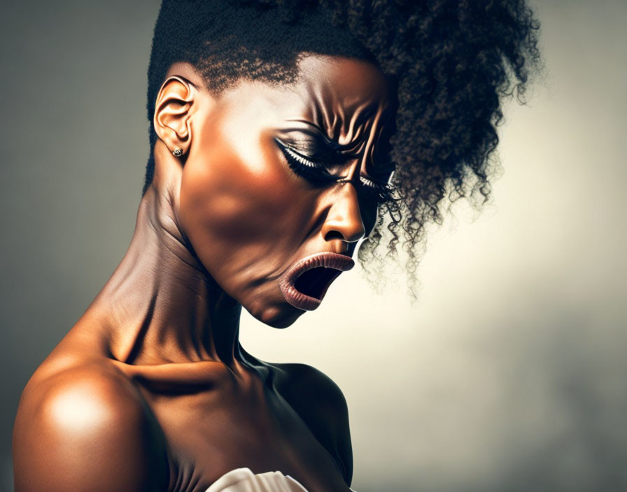 Dramatic dark-skinned woman with curly hair in forceful expression