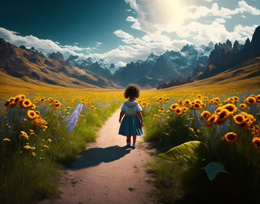 Child Walking Through Sunflower Field with Mountains and Dramatic Sky