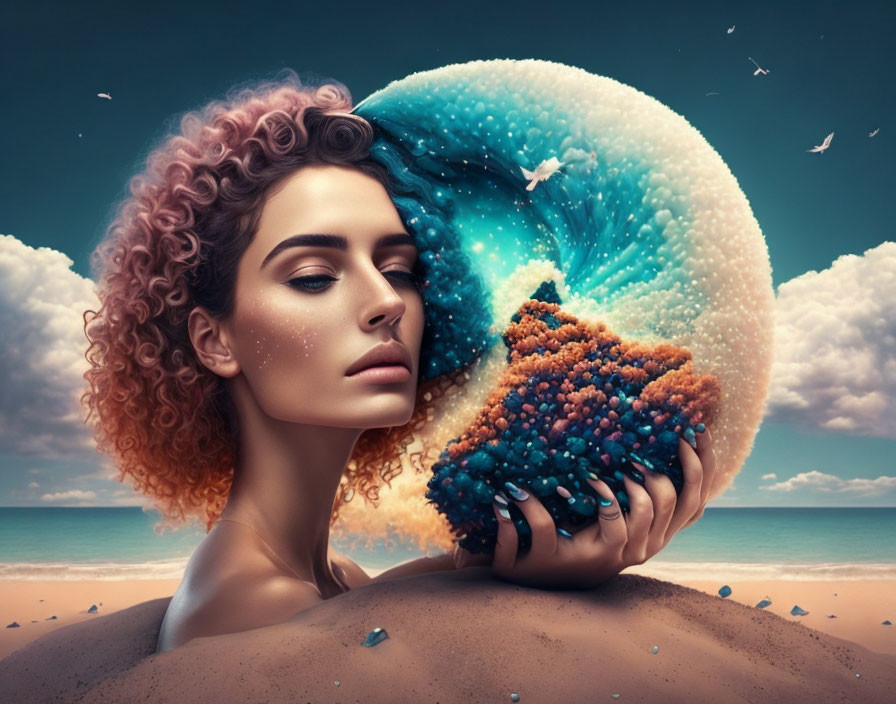 Curly-haired woman holding colorful galaxy sphere on surreal beach backdrop