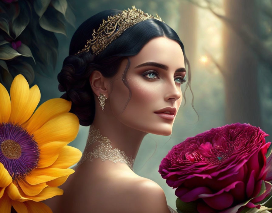 Digital artwork featuring elegant woman with tiara, makeup, jewelry, and vibrant flowers