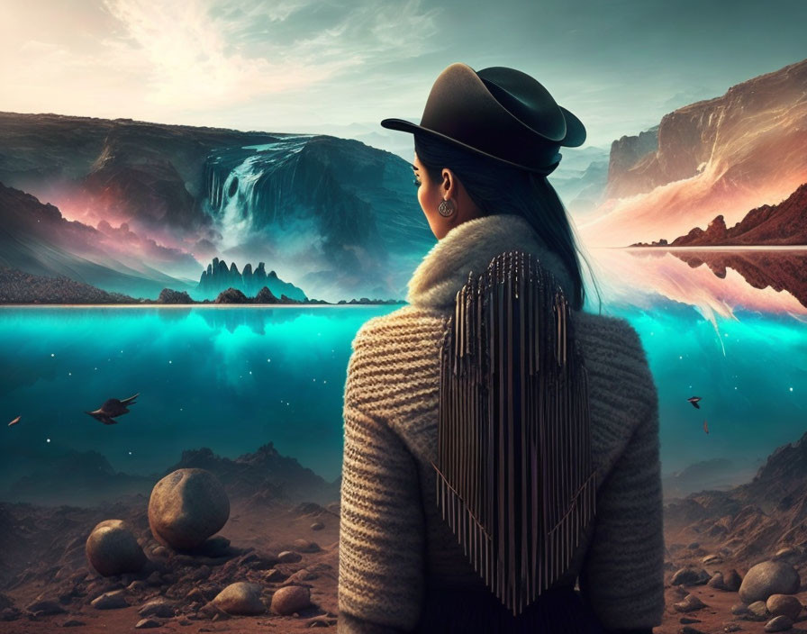 Person in hat and coat in surreal landscape with waterfall and flying fish.