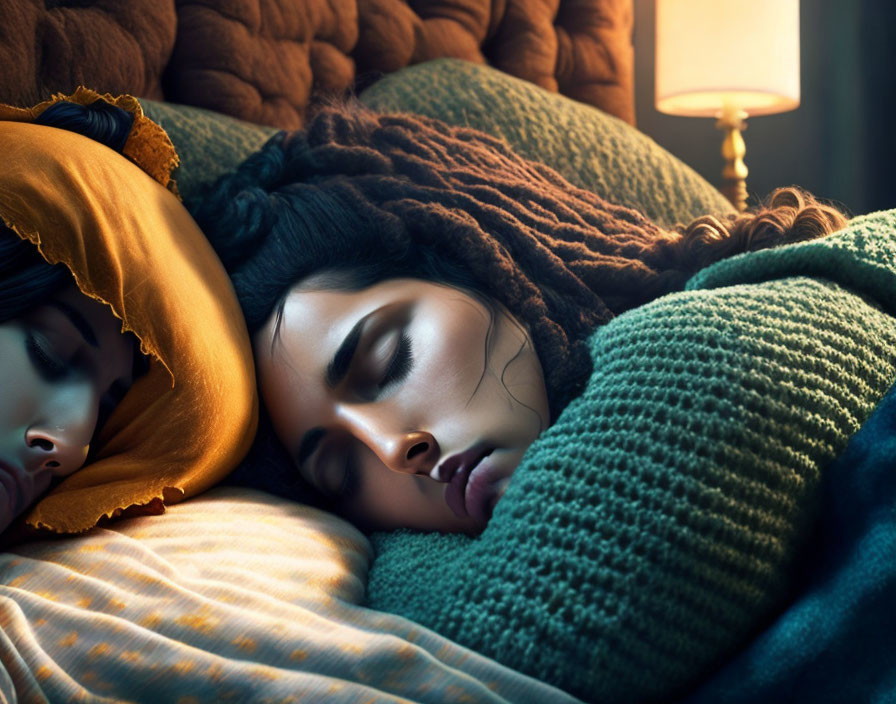 Cozy image of two people sleeping under warm lighting