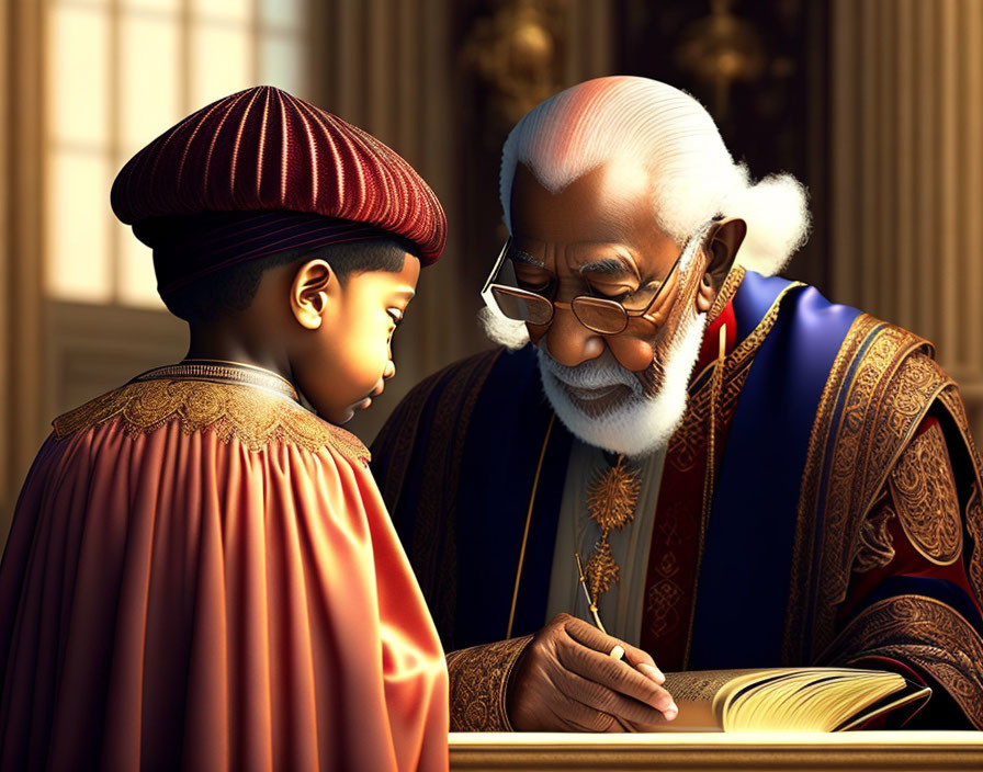 Elderly man sharing wisdom with boy in historic library setting