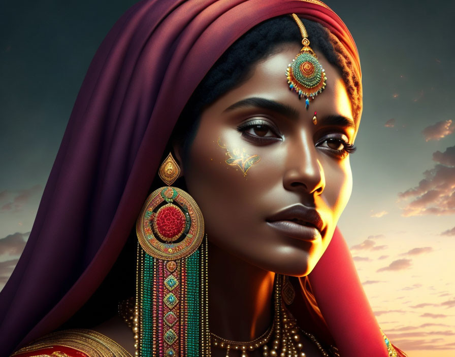 Traditional Indian jewelry on woman against sunset.