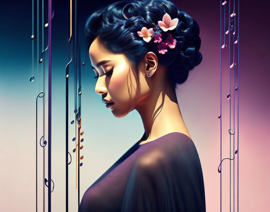 Profile View Digital Artwork of Woman with Elaborate Floral Hair