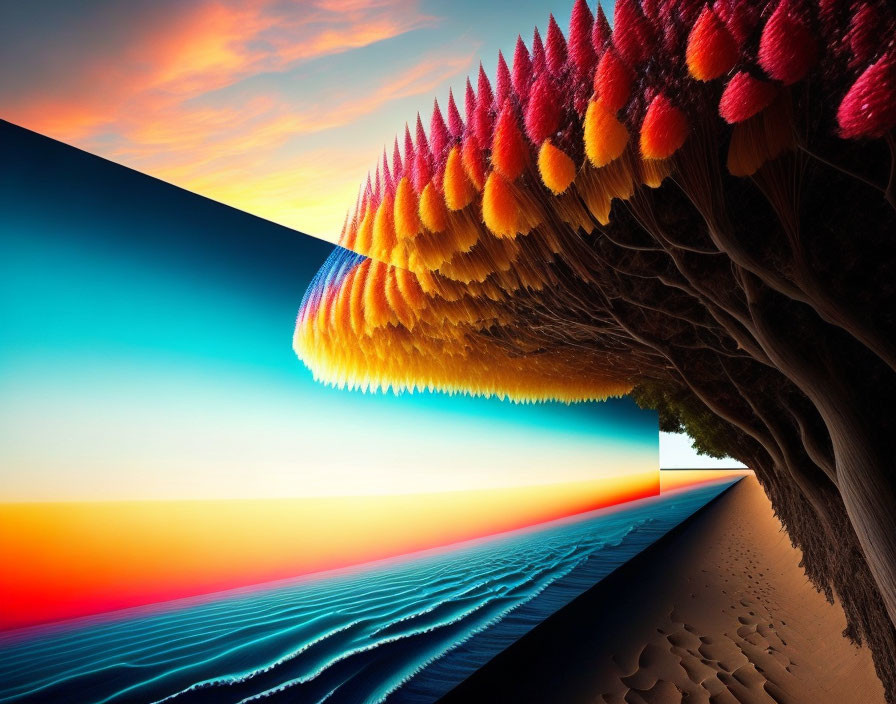 Colorful flame-like tree in surreal landscape