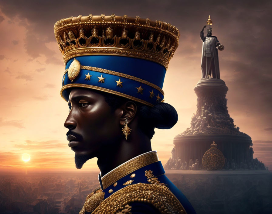 Regal figure in blue and gold uniform with crown against sunset and statue