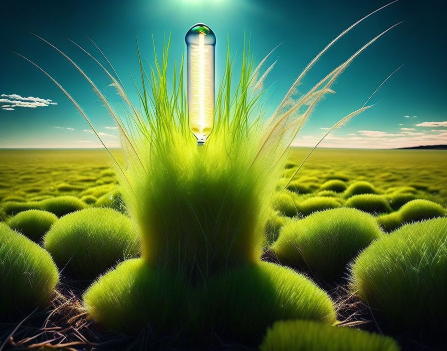 Light bulb sprouting from grass tuft in surreal green field