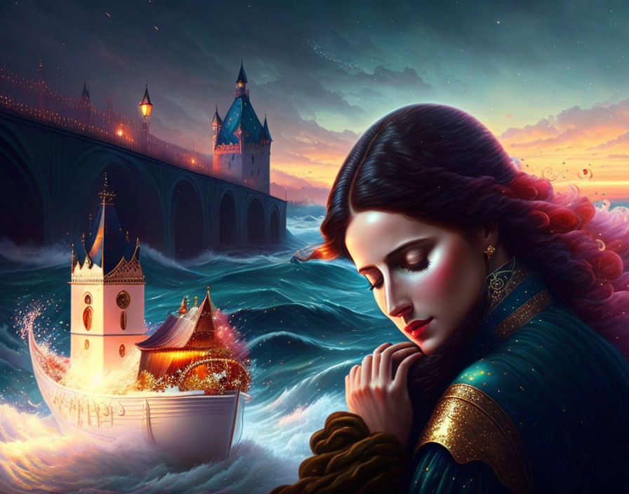 Woman in blue dress by surreal sea with ship and castle at dusk