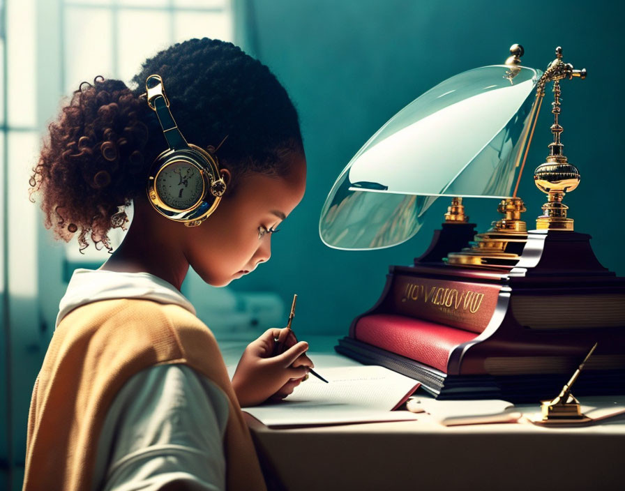 Young girl writing at desk with headphones, books, and lamp